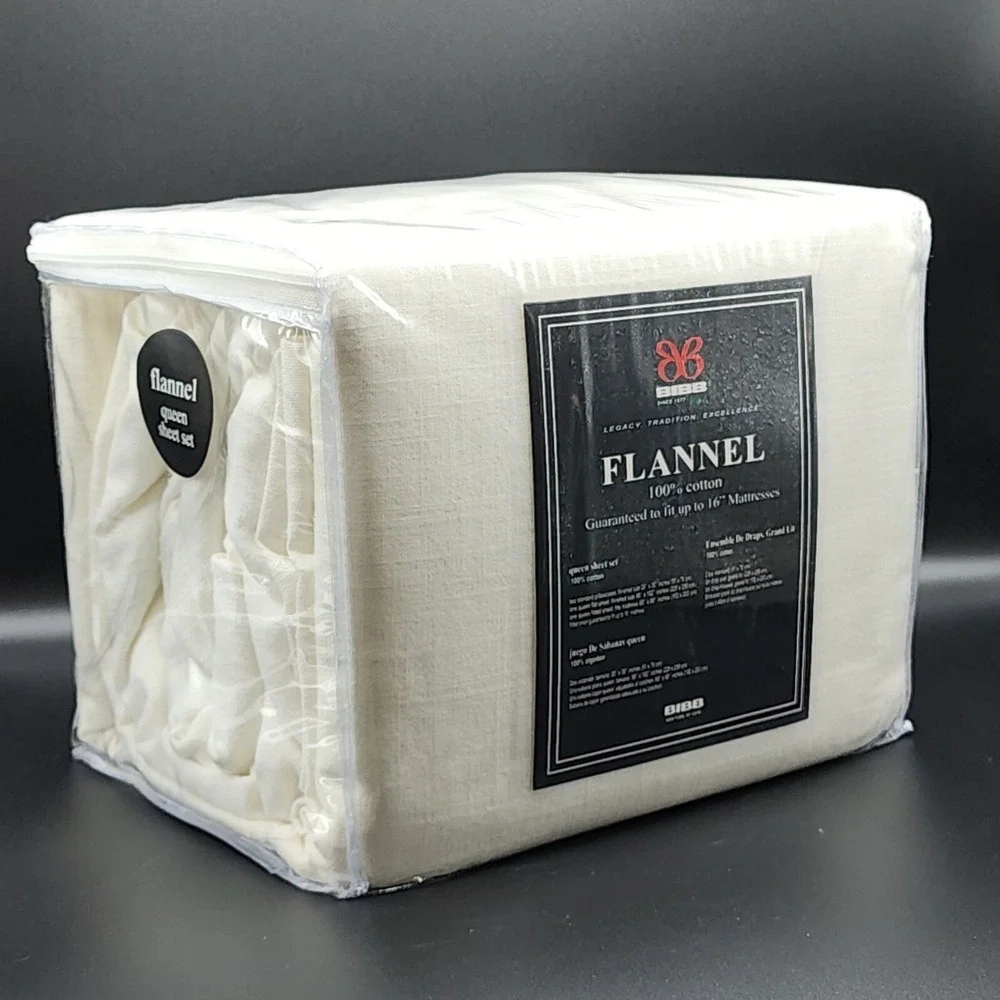 BIBB Home Heavy Cotton Flannel Sheet Set Queen Size Ivory 4pc Soft Cozy And Warm